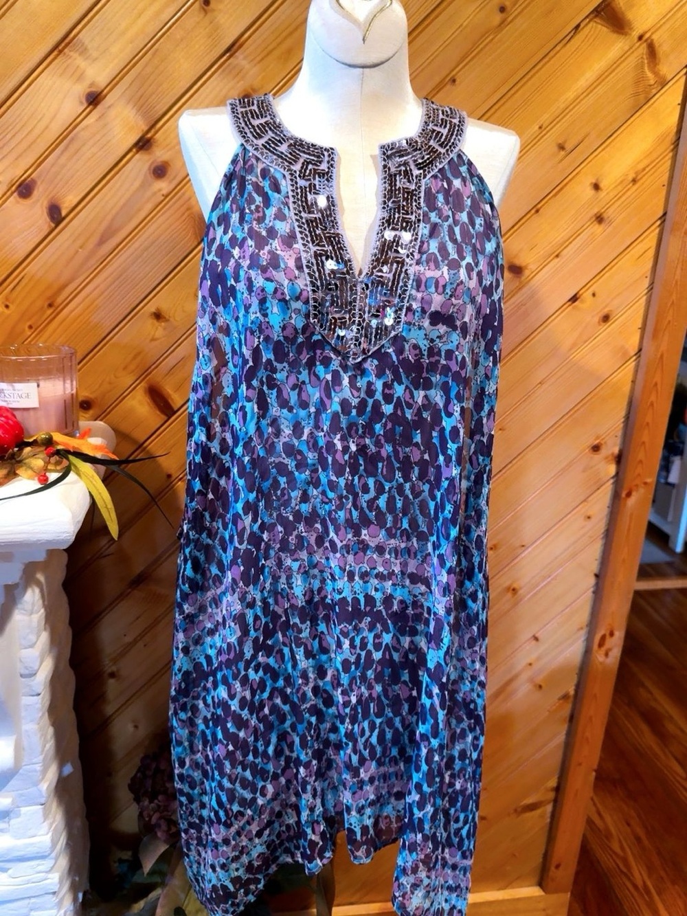 Free People Vintage 2010s Leopard Sequin Mini Dress Tunic M Y2K Boho